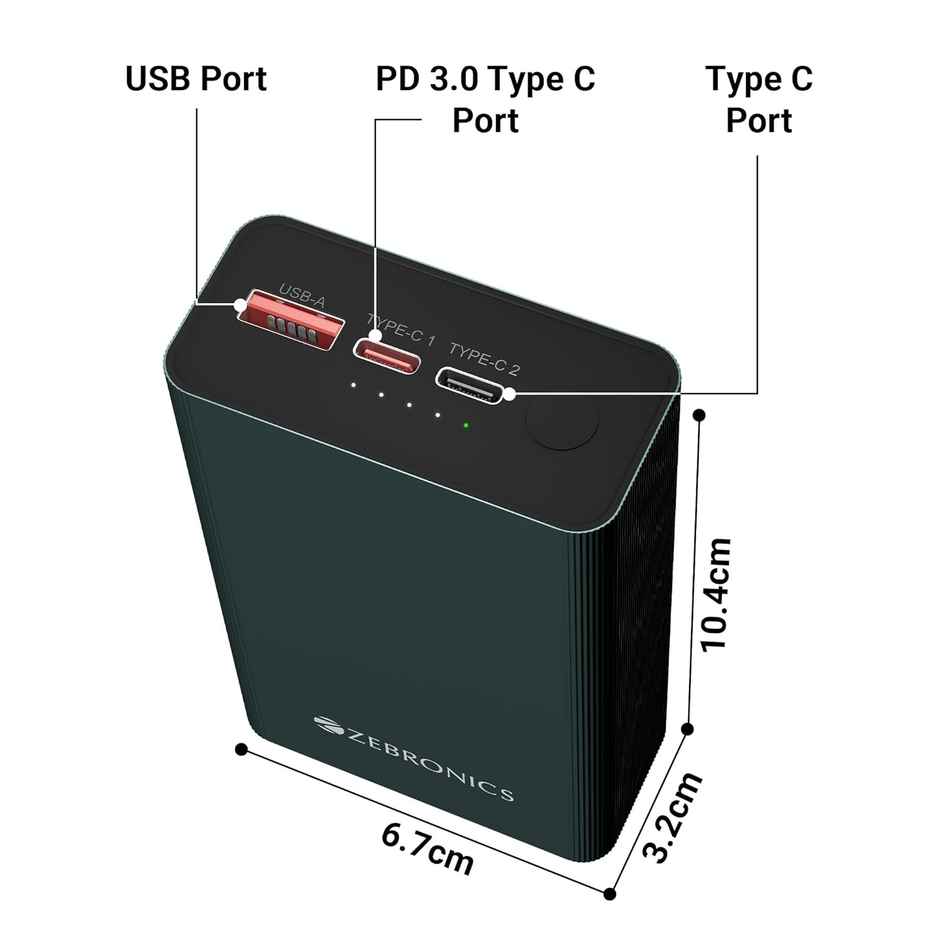 Zebronics EnergiTank 20MR1 Metal Power Bank | 22.5W Super Fast Charging PD 3.0 | Olive - 20000 mAh