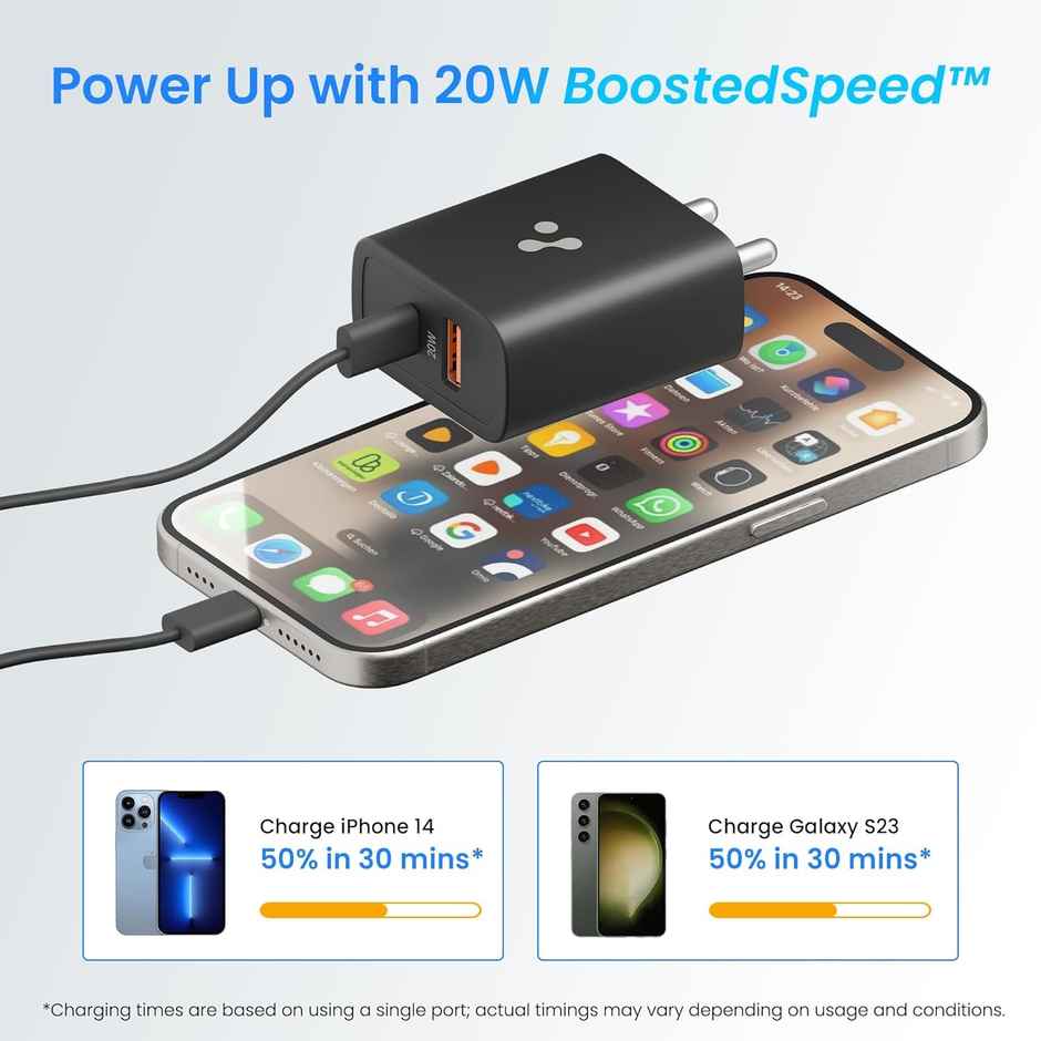 Ambrane 20w Dual Output Fast Charger with QC & PD Technology for Iphone Android (H11, Black)