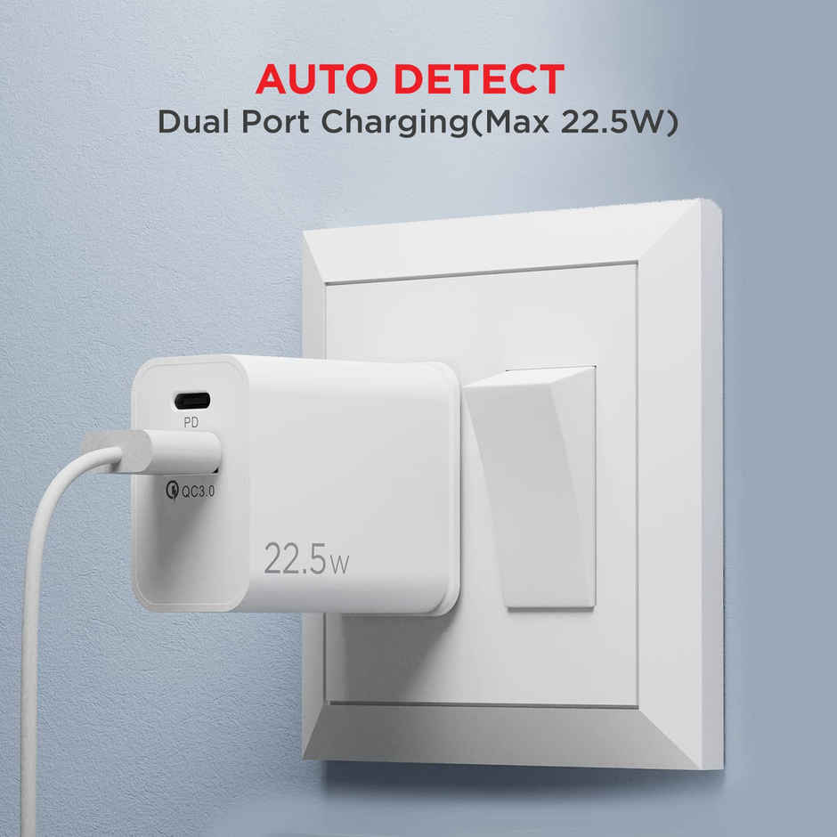boAt WCDV 22.5W Dual Port Charger with 22.5W Power Delivery Support & 18W Quick Charge 3.0, Smart IC Protection, Auto Detection for Samsung, Xiaomi & Android Users with Type C to Type C Cable - White