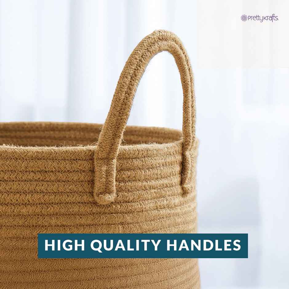 PrettyKrafts Jute & Rope Basket | Multipurpose Organizer for Laundry, Toys, Plants - Natural Brown