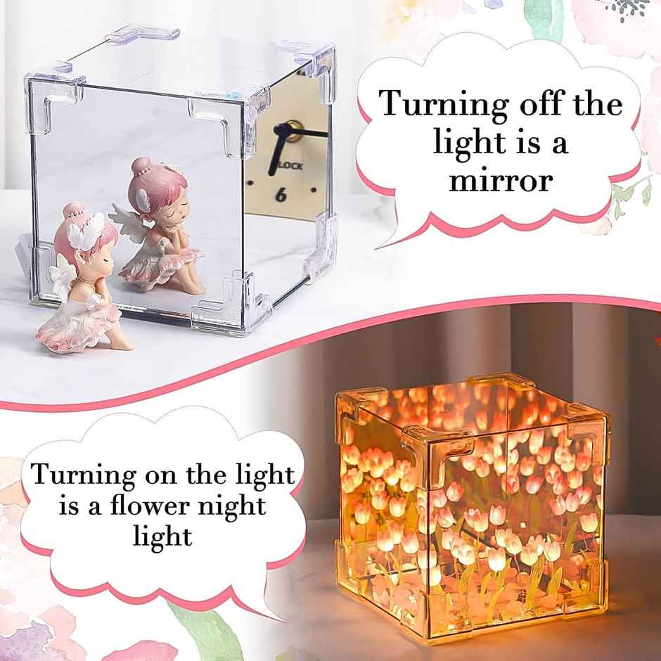 Desidiya Diy Tulip Cube Mirror Lamp Led Flower Lights, 2-In-1 Mirror & Table Decor - 1 pc