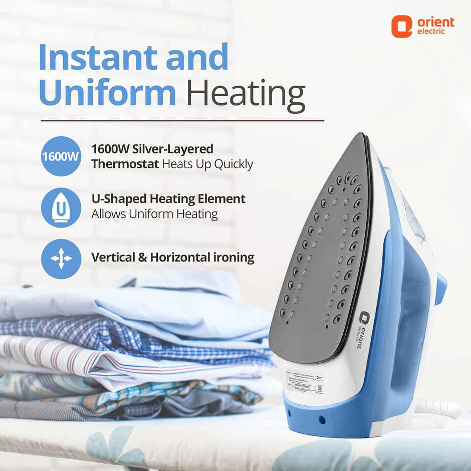 Orient Electric FabriFeel Steam iron, 1600W, Non-stick Weilburger coating, 360-degree swivel cord, Vertical & Horizontal Ironing - Blue and White