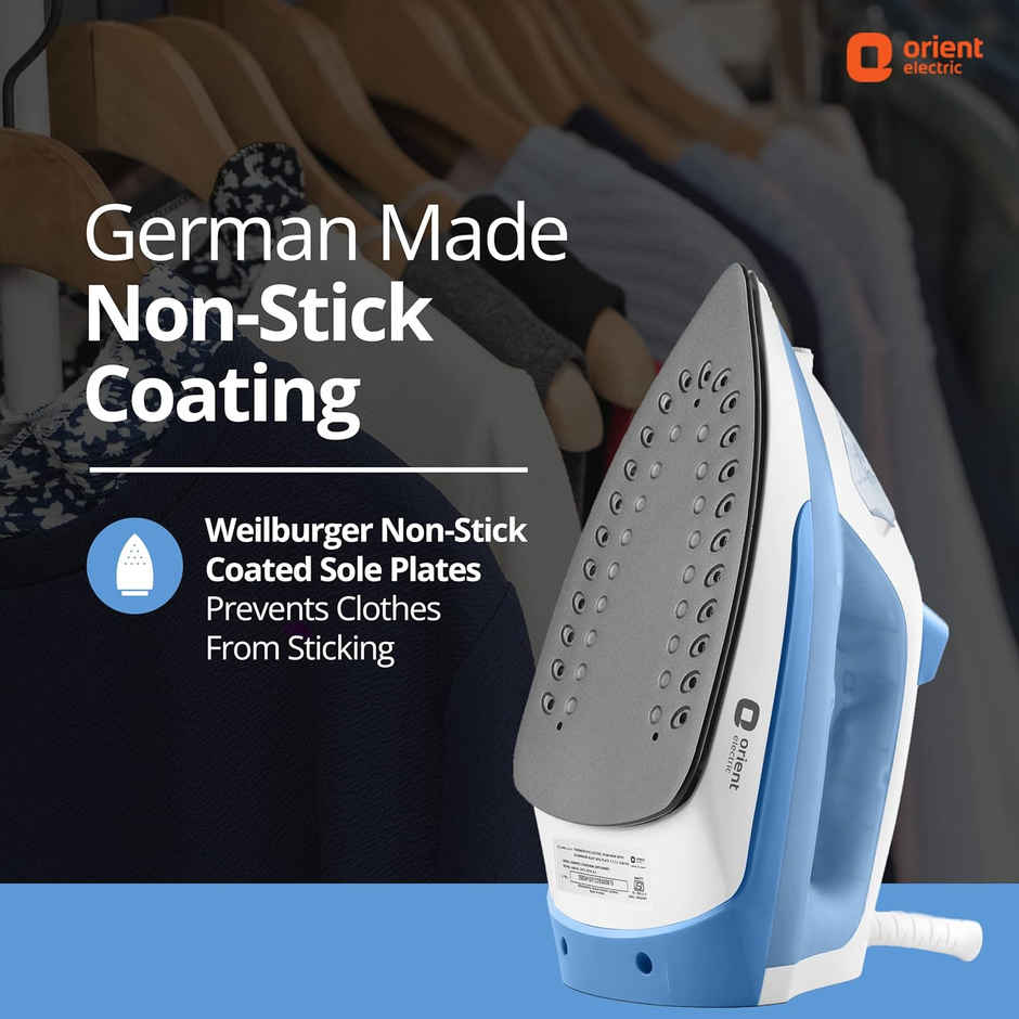 Orient Electric FabriFeel Steam iron, 1600W, Non-stick Weilburger coating, 360-degree swivel cord, Vertical & Horizontal Ironing - Blue and White