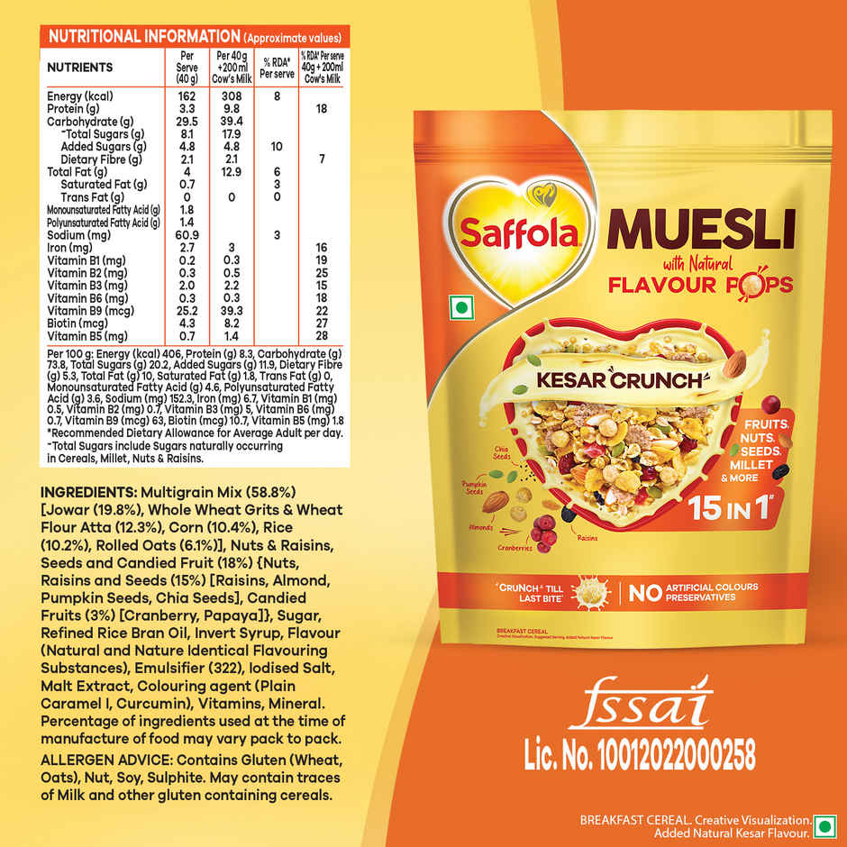 Saffola Muesli Kesar Crunch With Flavour Pops, Fruits, Nuts, Seeds, Millets (15 In 1)