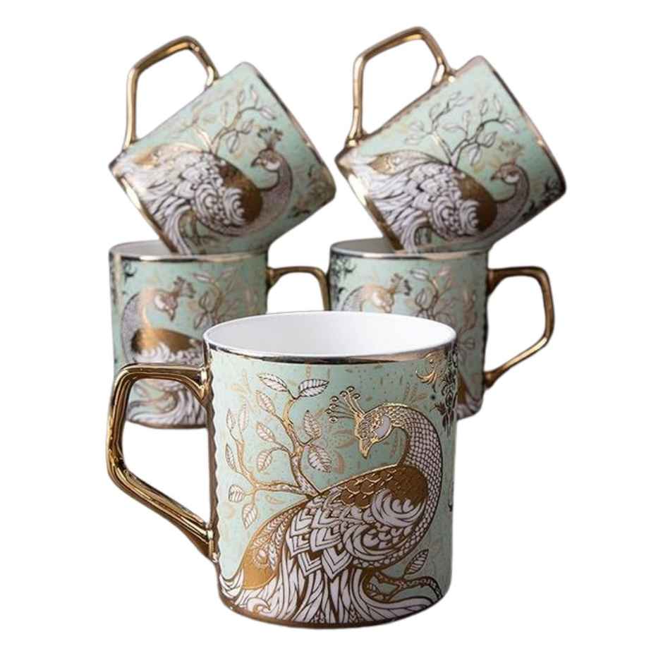 Femora Premium Peacock Ceramic Golden Tea Cup Set Of 6, 180 ml