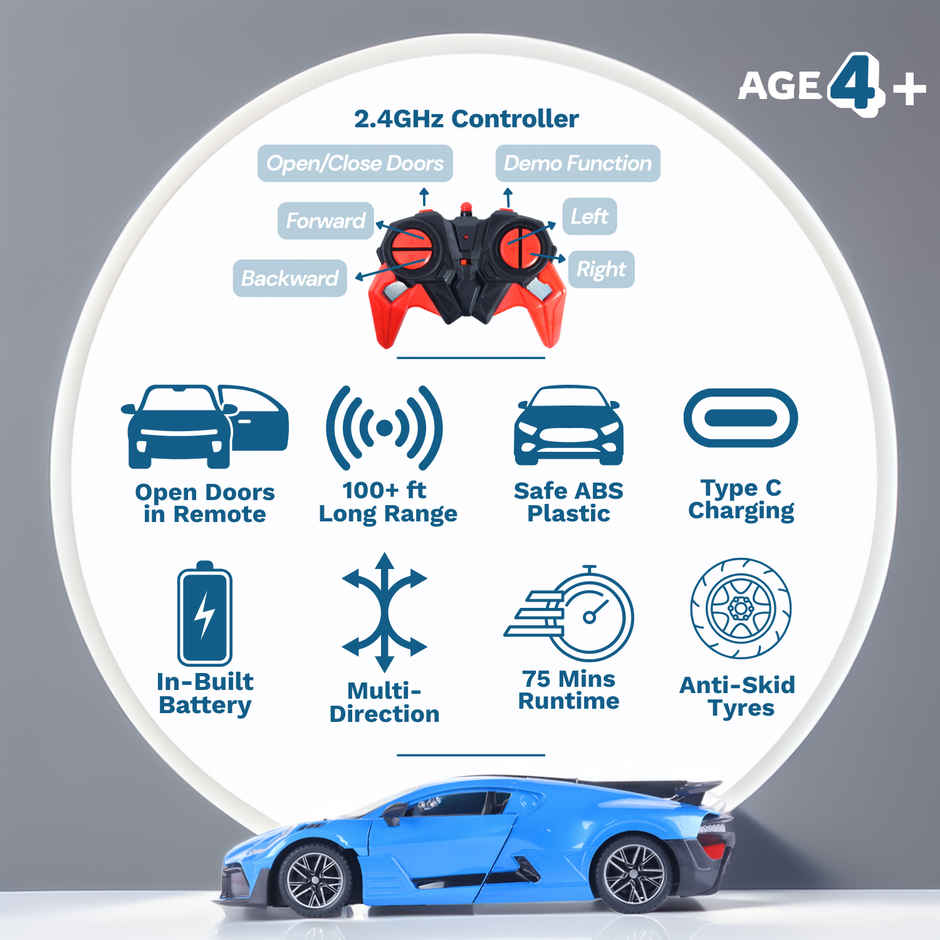 Frendo RC Door Opening Car | 1200mAh | 100+ft Range | Drift | Bug Blue