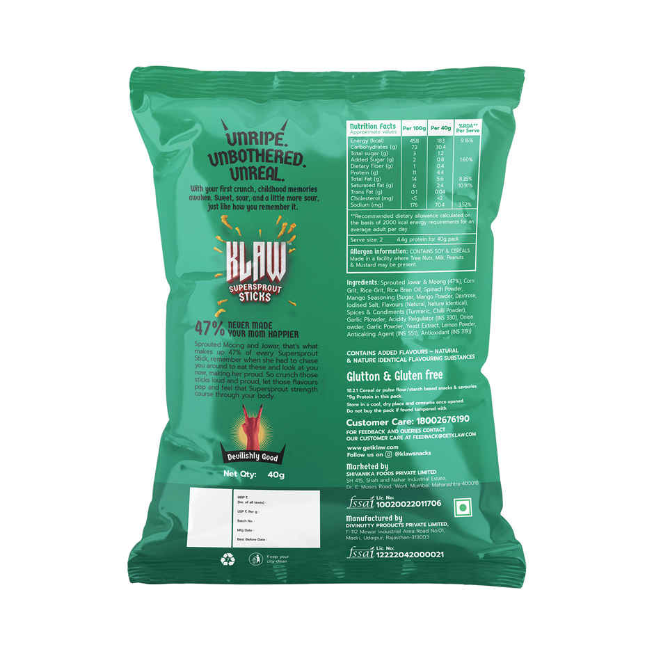 Klaw Mango Mania | Sprouted Moong & Jowar Sticks | Baked | No Palm Oil | High Protein