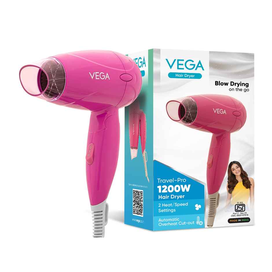 Vega Travel Pro 1200W Hair Dryer for Women with 2 Heat/Speed Settings, Detachable Nozzle (VHDH-33)