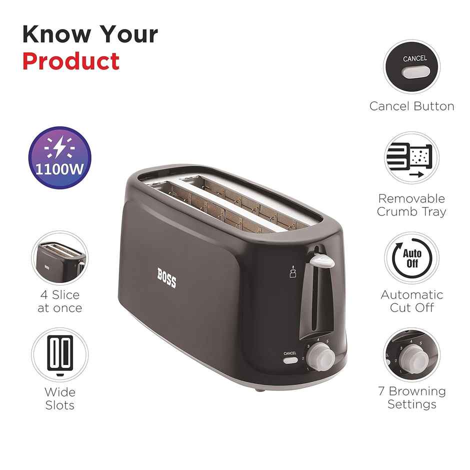 Boss Eden 1100-Watt 4 Slice Automatic Pop-Up Toaster 1100 Watts - Black