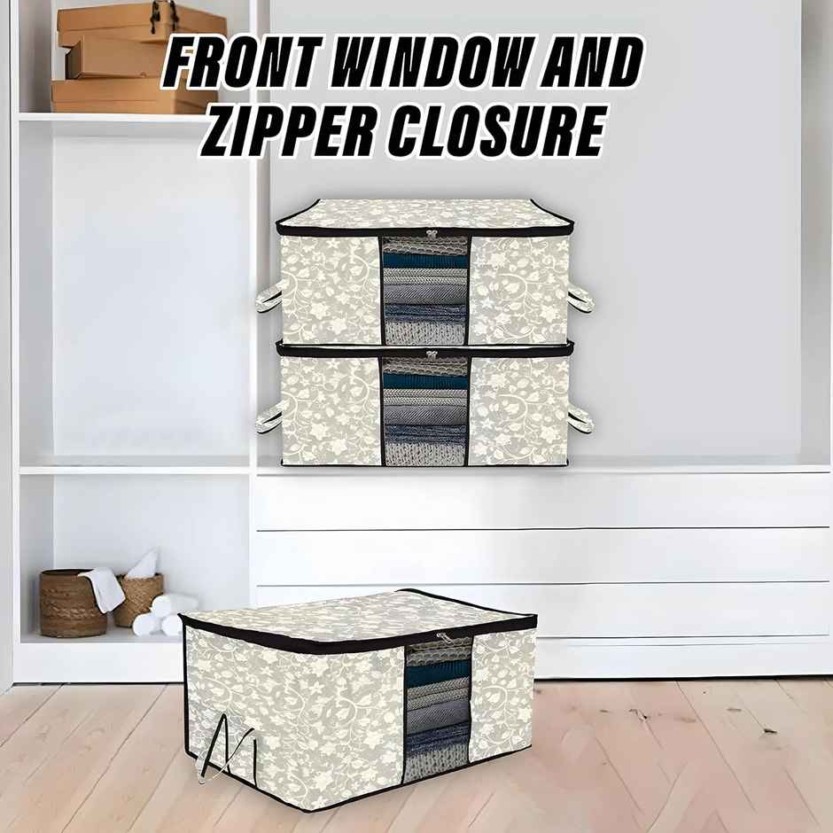 Kuber Industries Flower Underbed Storage Bag|Clear Window|Zipper & Handle|Large|Pack of 2|Black