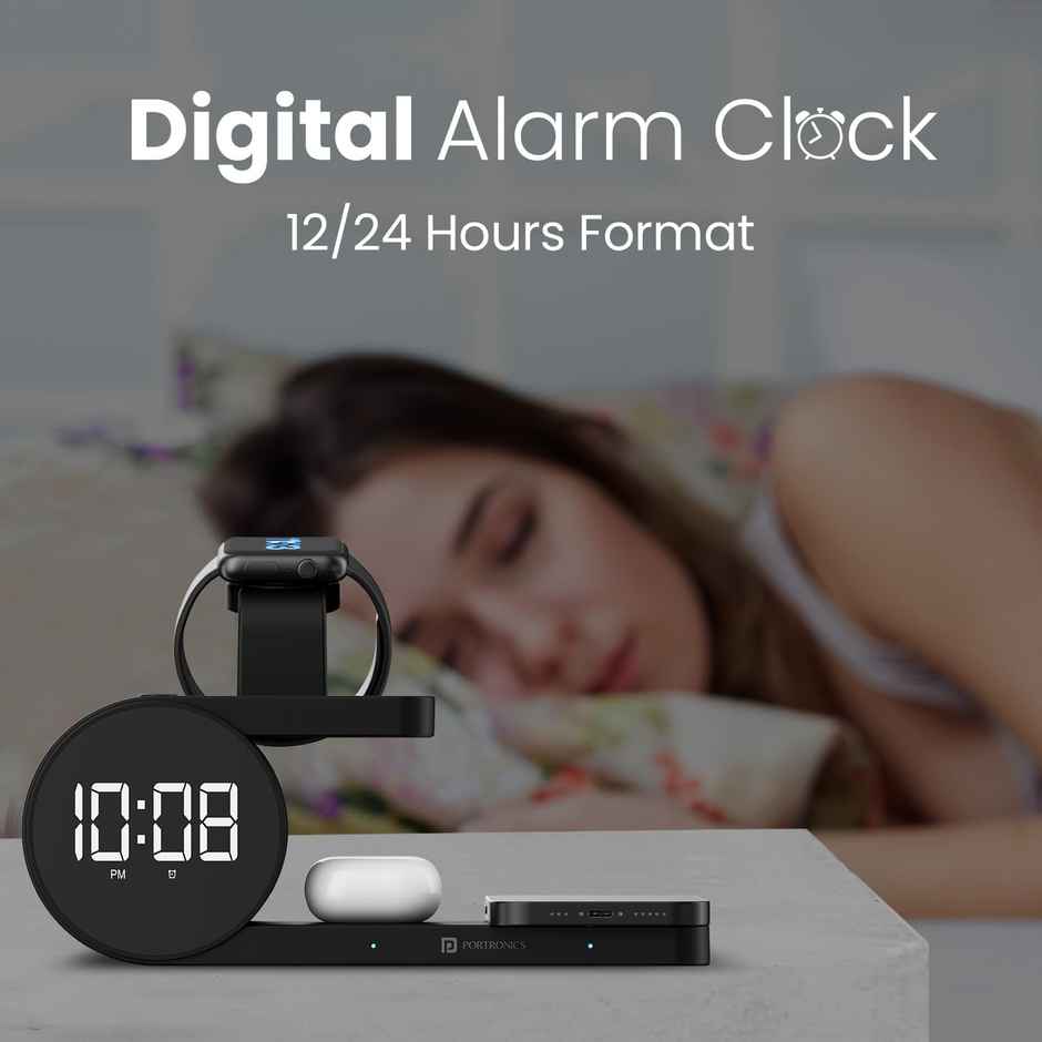 Portronics Freedom 6 15W Wireless Charger with 6-in-1 Function, Earbuds & Watch Wireless Charging, Digital Clock with Alarm, Compatible with iPhones/Samsung Smartphone Series