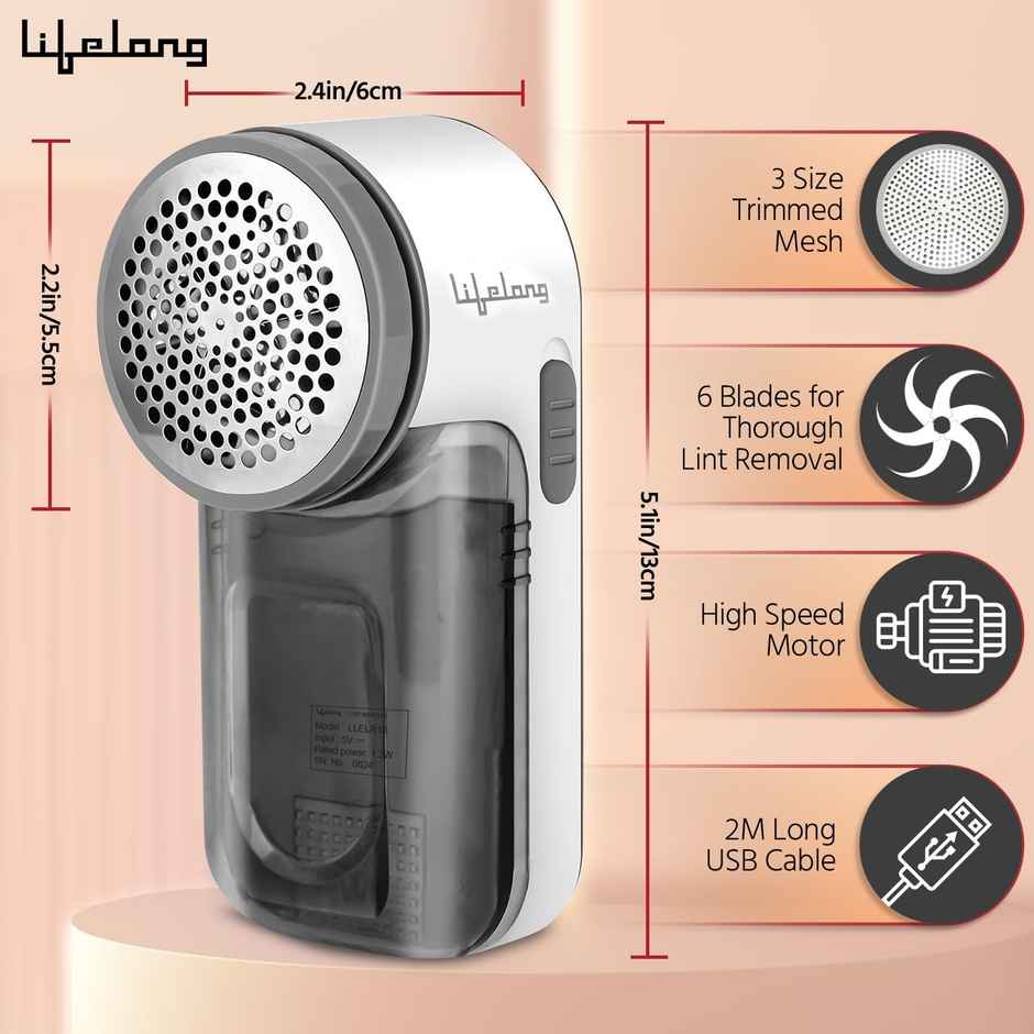 Lifelong LLELR18 (12W)  2-in-1 Lint Remover for Clothes with Brush, Fabric Shaver for Woollen Sweaters, Cotton Clothes, Sofa - Dust & Pet Hair Remover from Clothes - 2 Metre USB - Use with 5V-1A Adapter - Grey