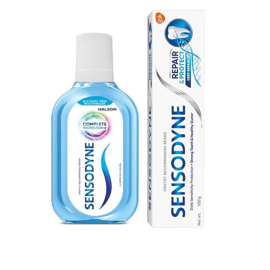 Sensodyne Mouthwash Complete Protection+ (100ml) & Sensodyne Toothpaste Repair & Protect, Tooth Paste For Deep Repair Of Sensitive Teeth (100g) Combo
