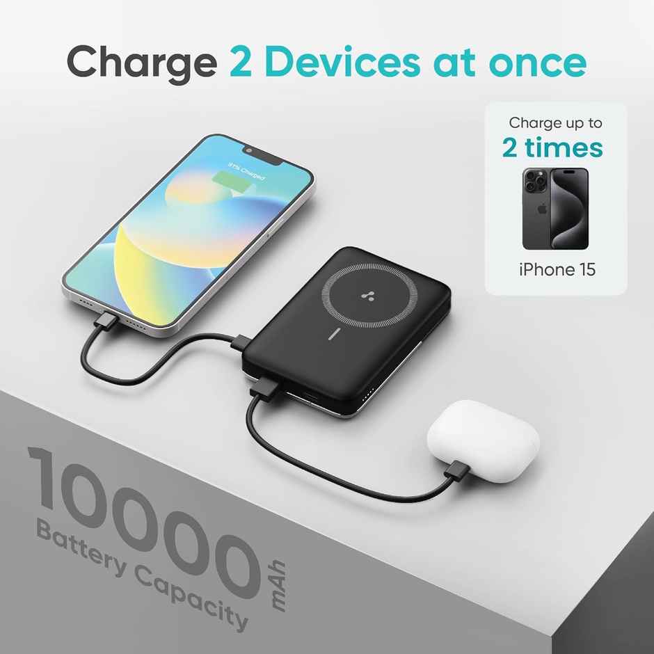 Ambrane Magsafe Wireless 10000Mah Fast Charging Power Bank, Strong Magnet, Micro USB Input, 22.5W Output For Iphone 12 Above, Android & Other Qi Enabled Devices + Magnetic Ring - Black