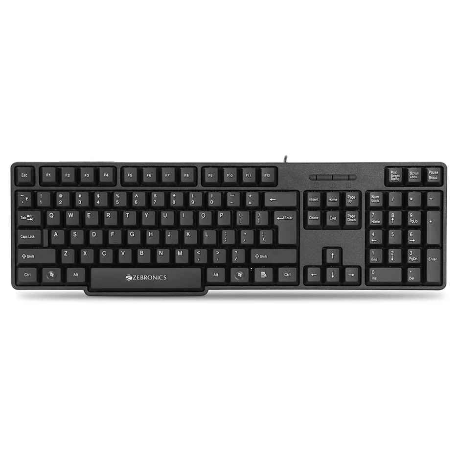 Zebronics K20 Wired Keyboard, 104 Keys, 1.2m Cable, With Rupee Key, UV Coated Keys, USB Interface, Retractable Stand, Plug and Play - Black