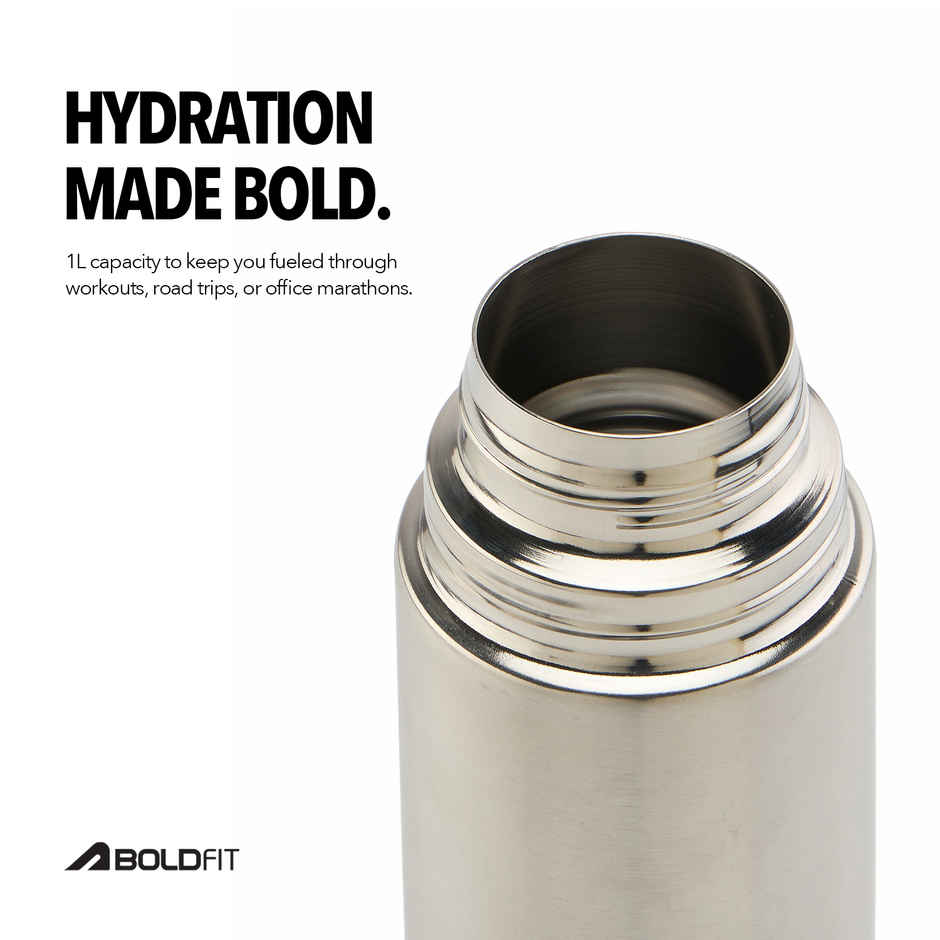Boldfit Silver Thermosteel Water Bottle | Hot & Cold Flask with Carry Bag for Travel | 1 L
