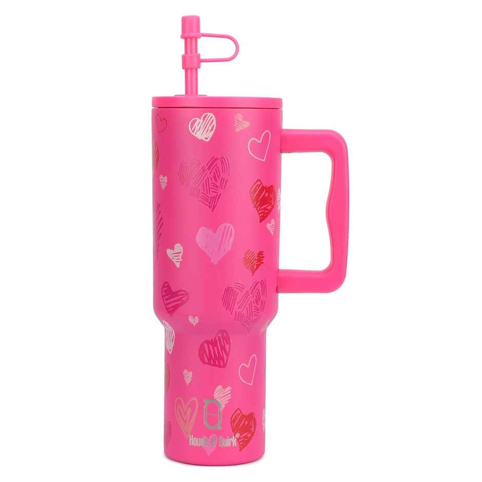 House of Quirk Stainless Steel Tumbler with Handle & Lid, 2 Straws | Rose Heart - 1200 ml