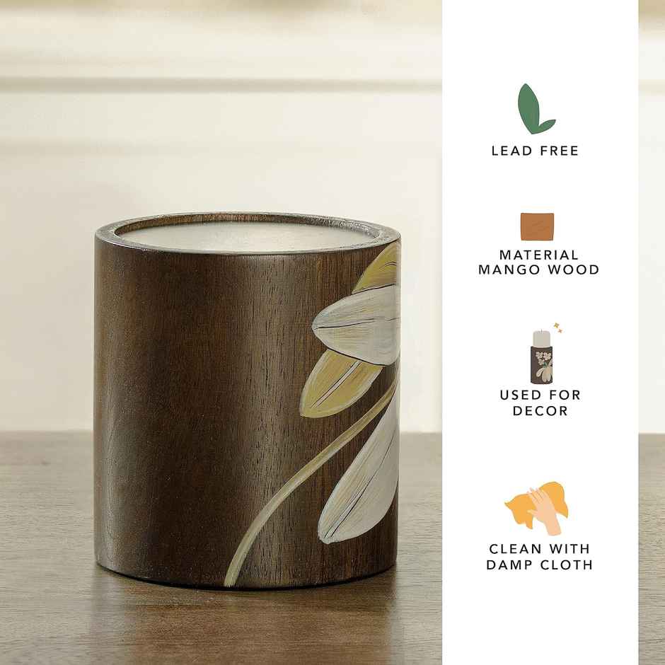 Frangipani Wooden Candle Holder | Small | Wood | Brown and olive green | Ellementry
