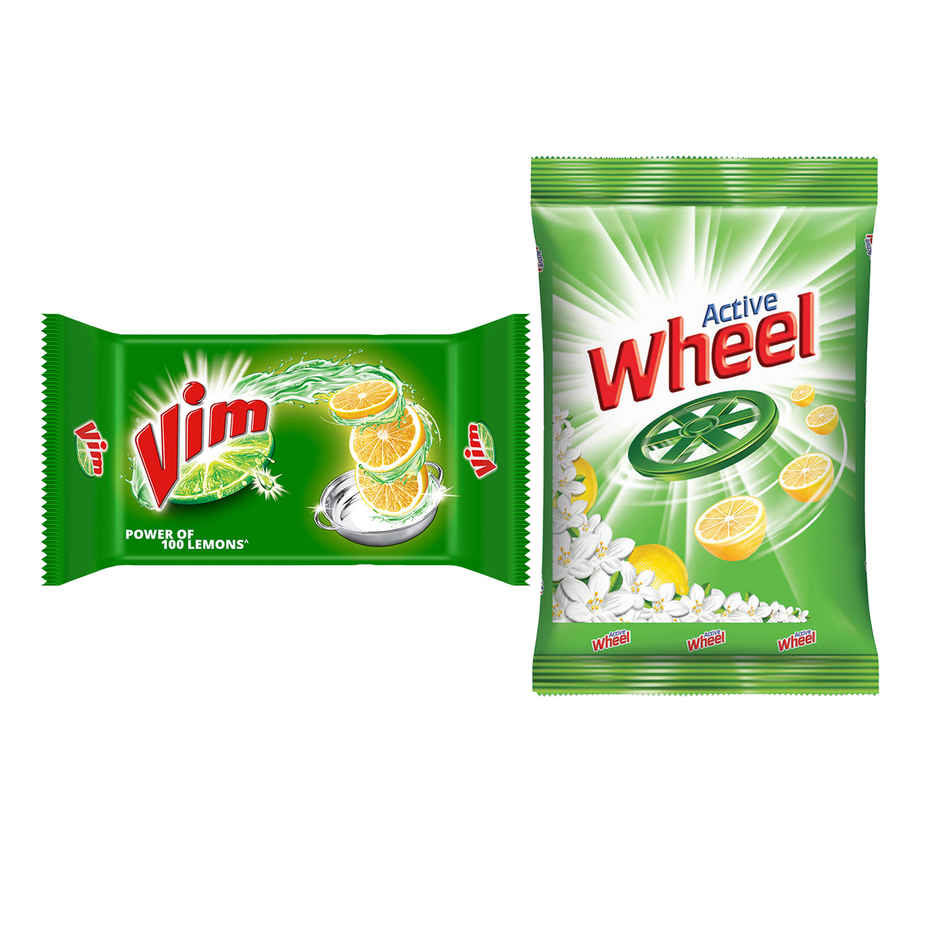Vim Lemon Dishwash Bar (300g) & Wheel Green Lemon & Jasmine Detergent Powder (1kg) Combo