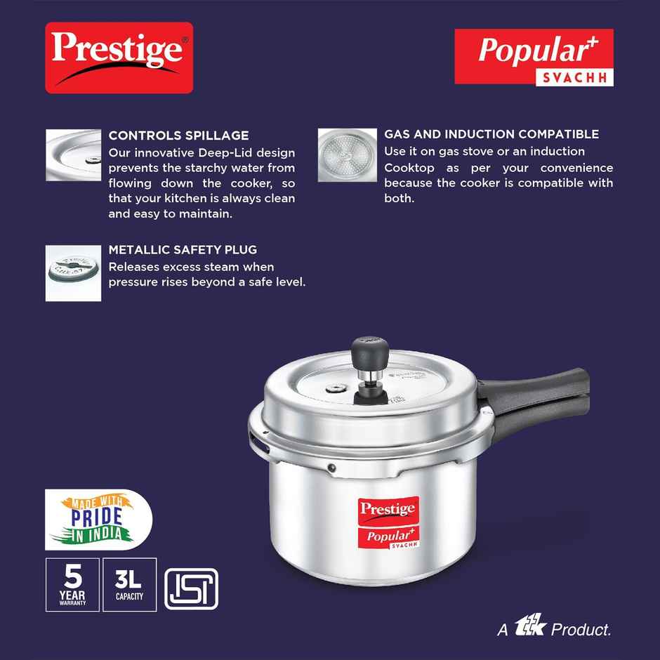 Prestige Aluminium Outer Lid Popular Plus Svachh Spillage Control Pressure Cooker, 3 L (Silver)