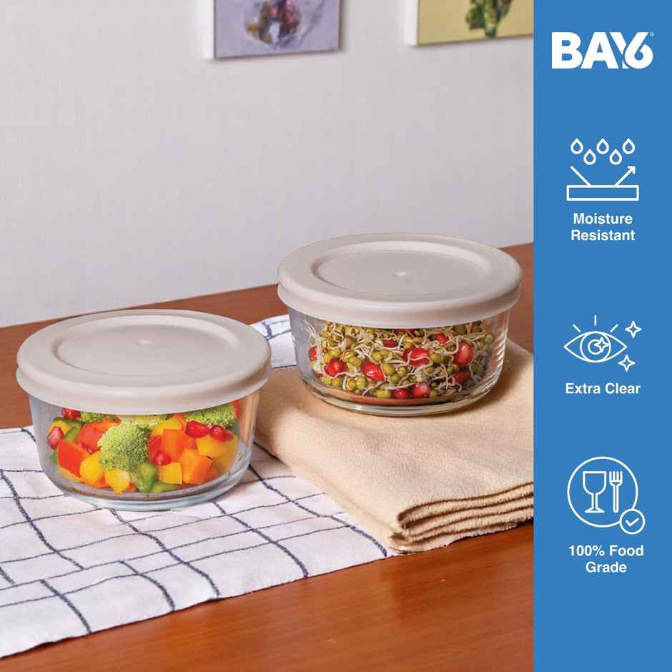 BAY6 Premium Imported Borosilicate Glass Container with Lid -472 ml - Round - Set of 2 - Beige