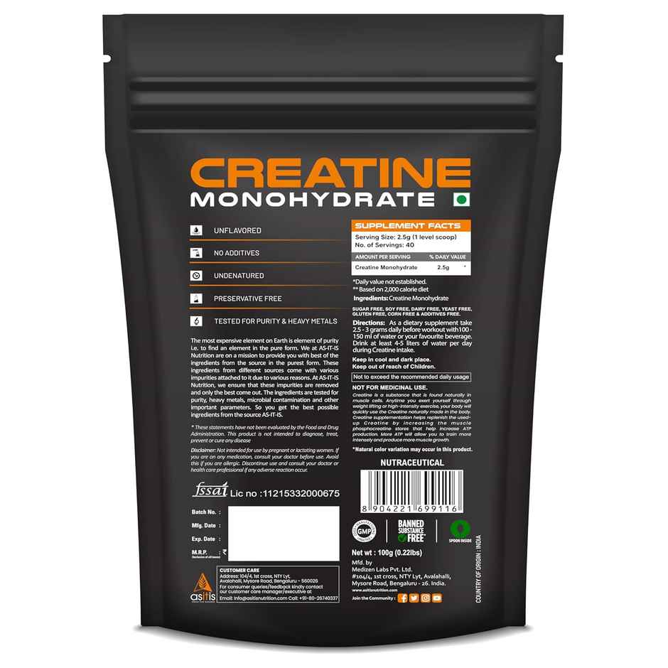AS-IT-IS Nutrition Pure Creatine Monohydrate for Muscle Building