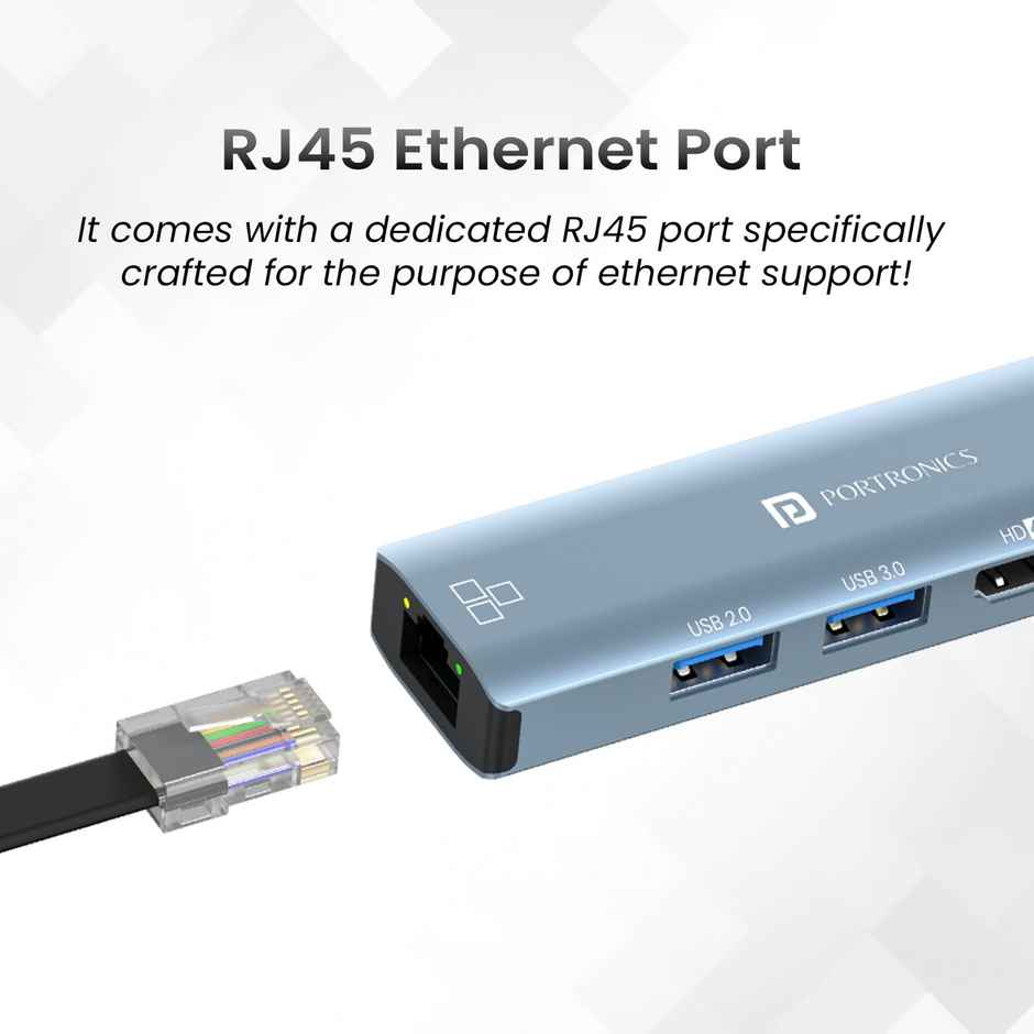 Portronics Mport 51 5-in-1 Type C HUB with RJ 45 Ethernet Port, 5Gbps Data Transfer, HDMI Port, USB 3.0, PD Quick Charge, 4K Ultra HD Data Quality(Grey)