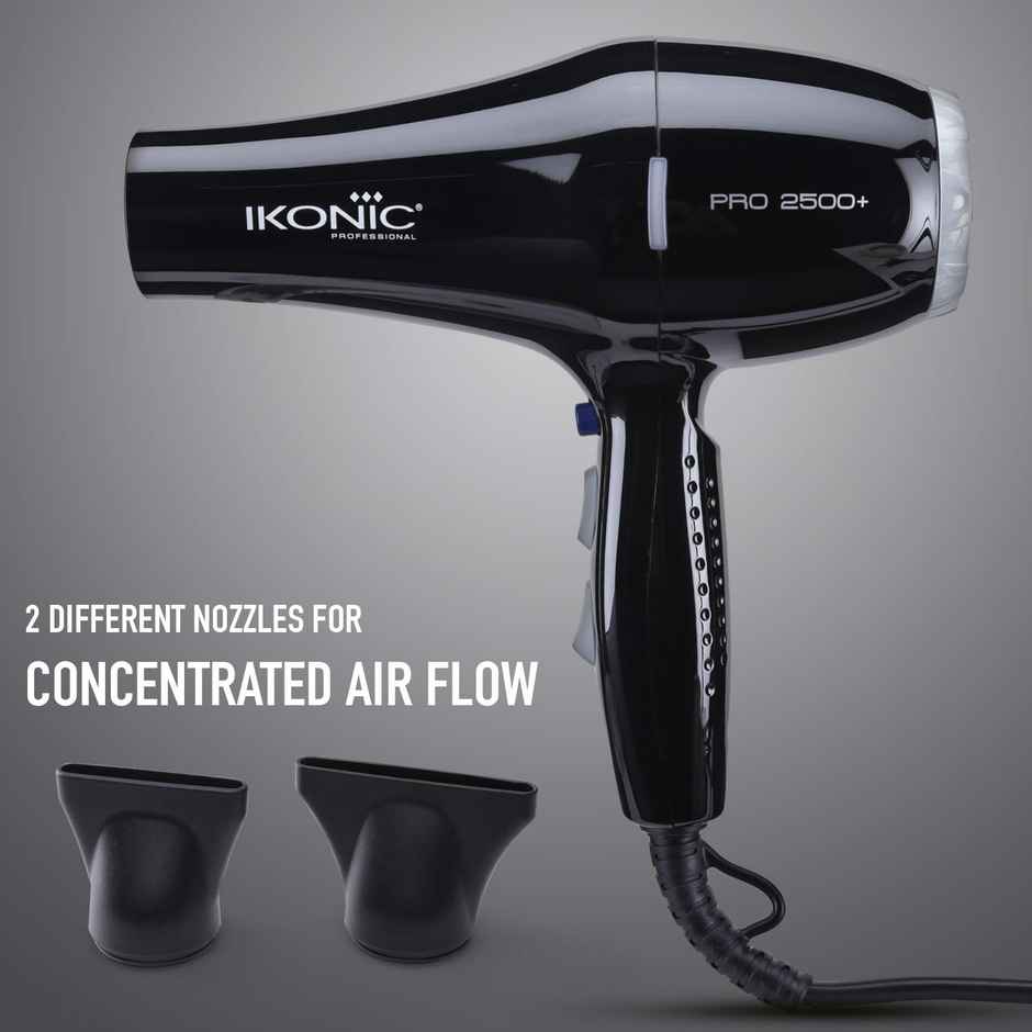 Ikonic 2500+ Professional Hair Dryer, Black, 2500W, 2 Speed & 3 Heat Settings with Cool Shot