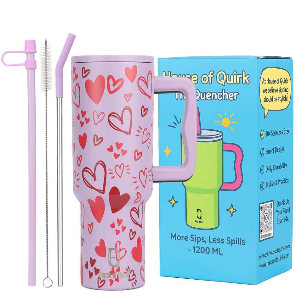 House of Quirk Stainless Steel Tumbler with Handle & Lid | 2 Straws Use | Mauve Heart - 1200 ml