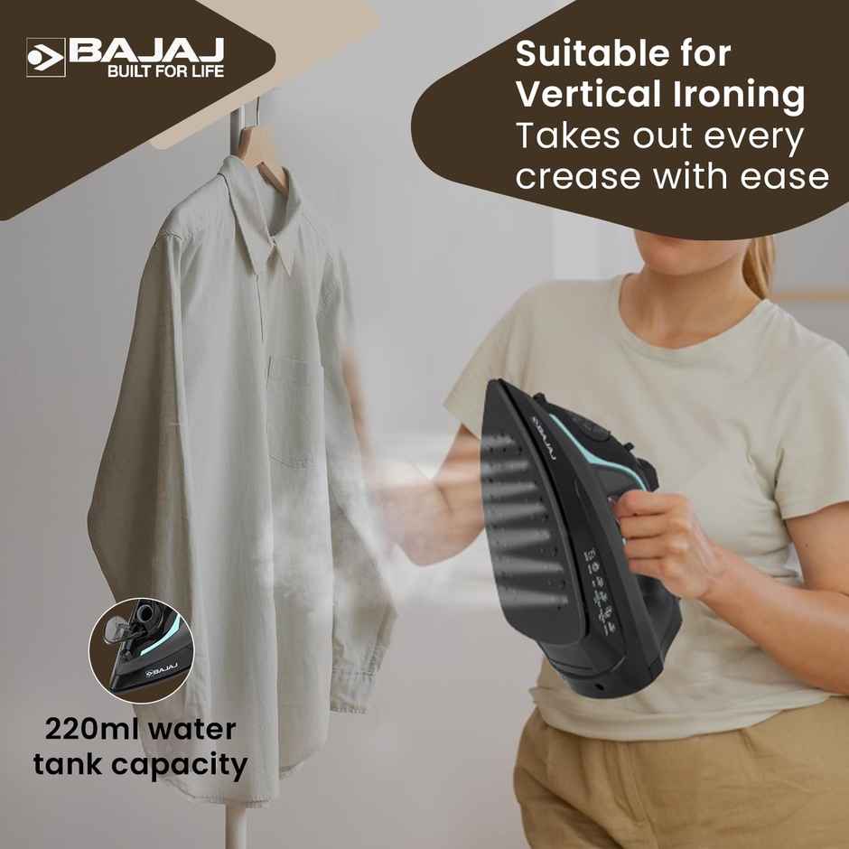 Bajaj MX 45 Steam Aluminium 2000 Watts Soleplate Steam Iron, Non Stick German Coated Technology, 220 Ml Water Tank Capacity - Black & Grey