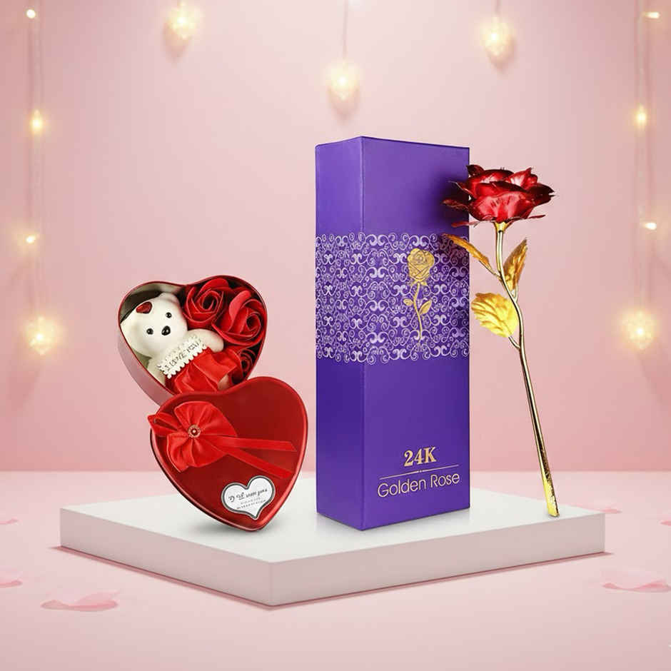 Golden Rose Flower Teddy Heart Gift Hamper Combo | Perpetual Mart