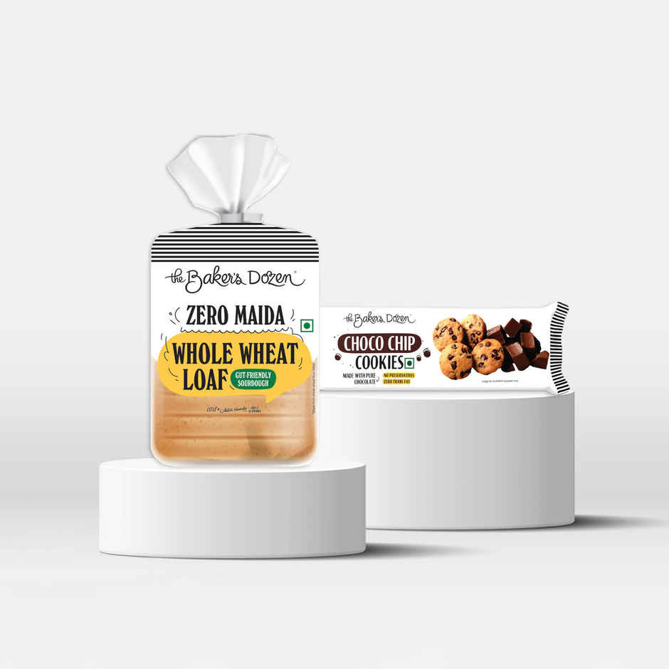 The Baker'S Dozen 100% Whole Wheat Bread - No Palm Oil No Preservative (450g) & The Baker'S Dozen Cookies Choco Chip Flavoured Biscuits Cookies | Palm Oil-Free And Trans Fat-Free (1pc) Combo