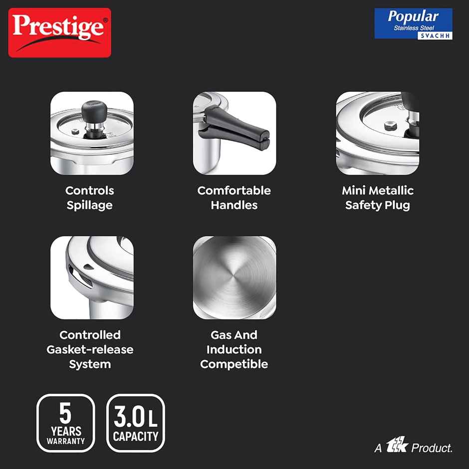 Prestige Popular Svachh SS Pressure Cooker 3L,Gas and Induction Compatible,5Y Warranty,Silver