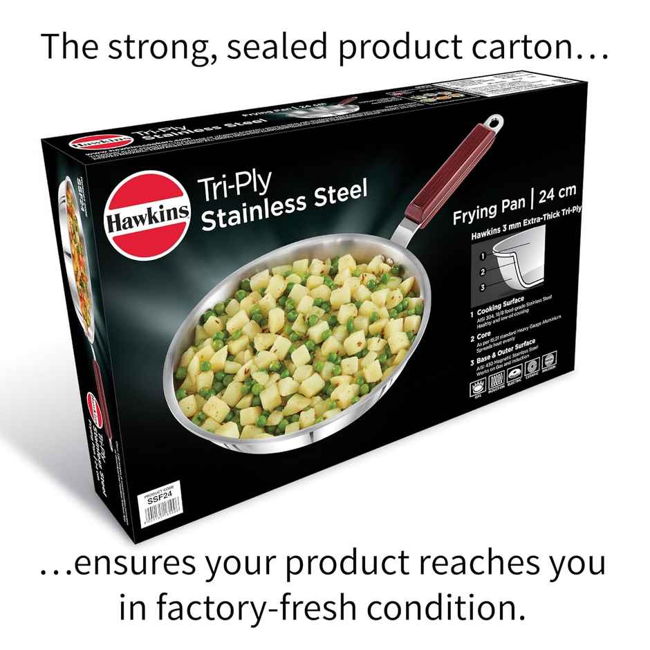 Hawkins 24 Cm Frying Pan, Triply Stainless Steel Fry Pan, Induction Frying Pan, Silver (Ssf24)