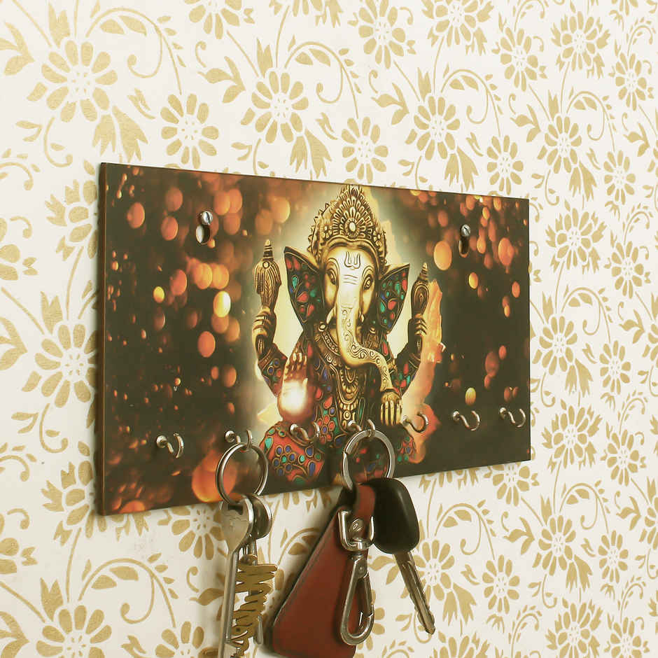eCraftIndia Lord Ganesha Theme Wooden Key Holder With 7 Key Hooks For Wall