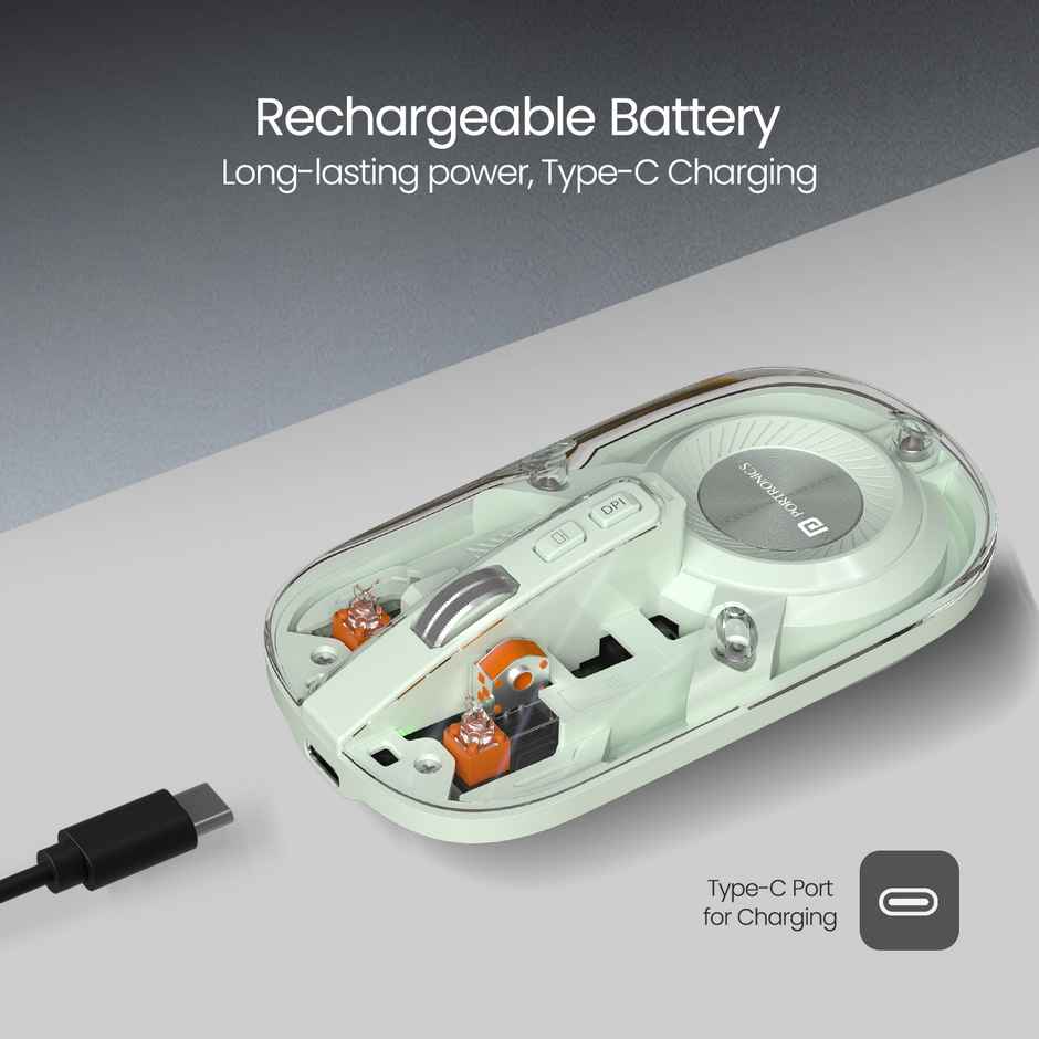 Portronics Toad 8 Transparent Wireless Bluetooth Mouse with Rechargeable Battery | Green
