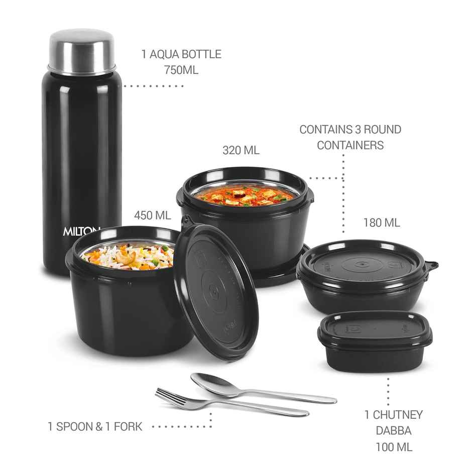 Milton Pro Lunch Box (3 Inner Steel Containers, 1 Plastic Dabba, Bottle & Spoons) With Bag, Black