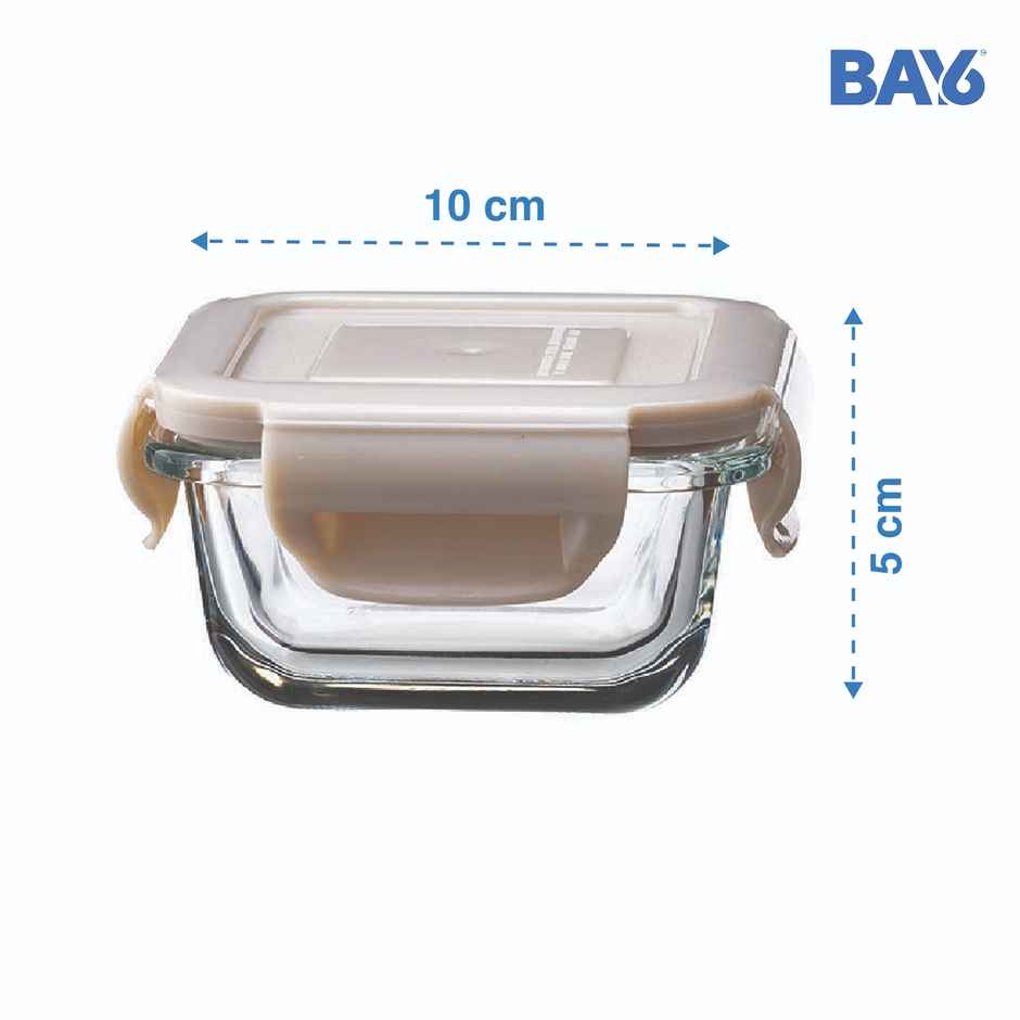 BAY6 Premium Imported Borosilicate Glass Container with Lid 150 ml - Square - Beige