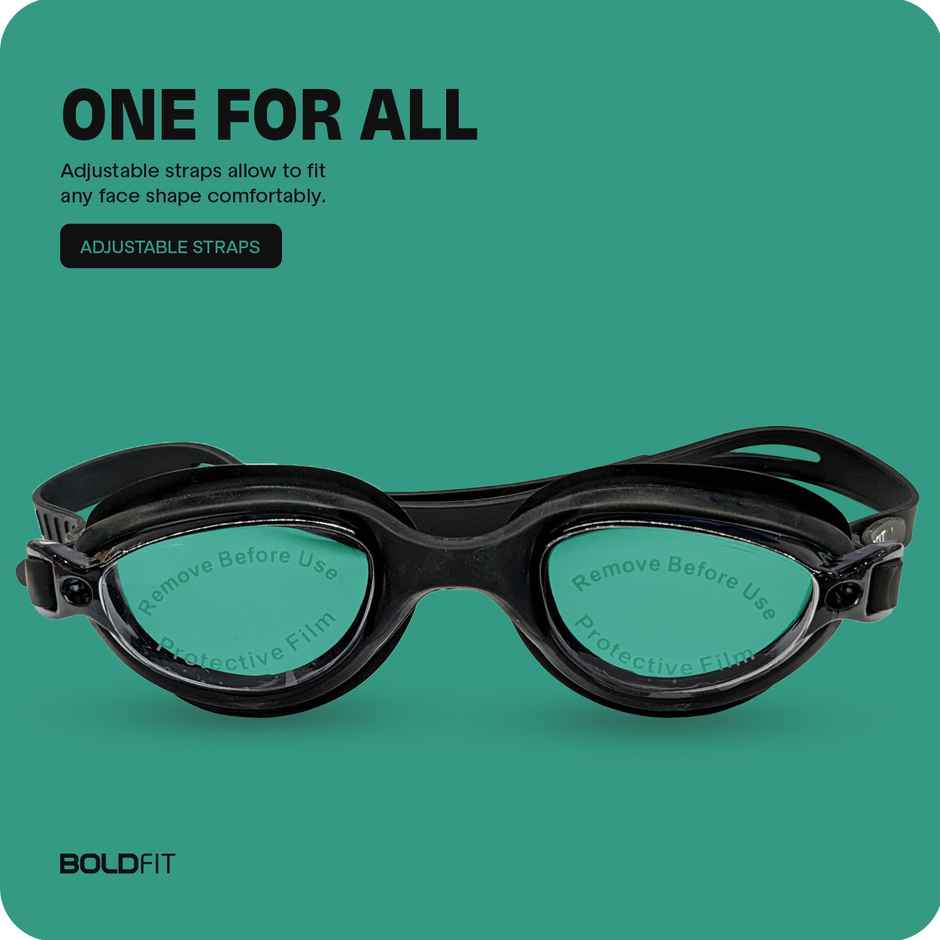 Boldfit Swimming Goggles for Unisex Adjustable Strap | Airtight Fit for Adults - Black