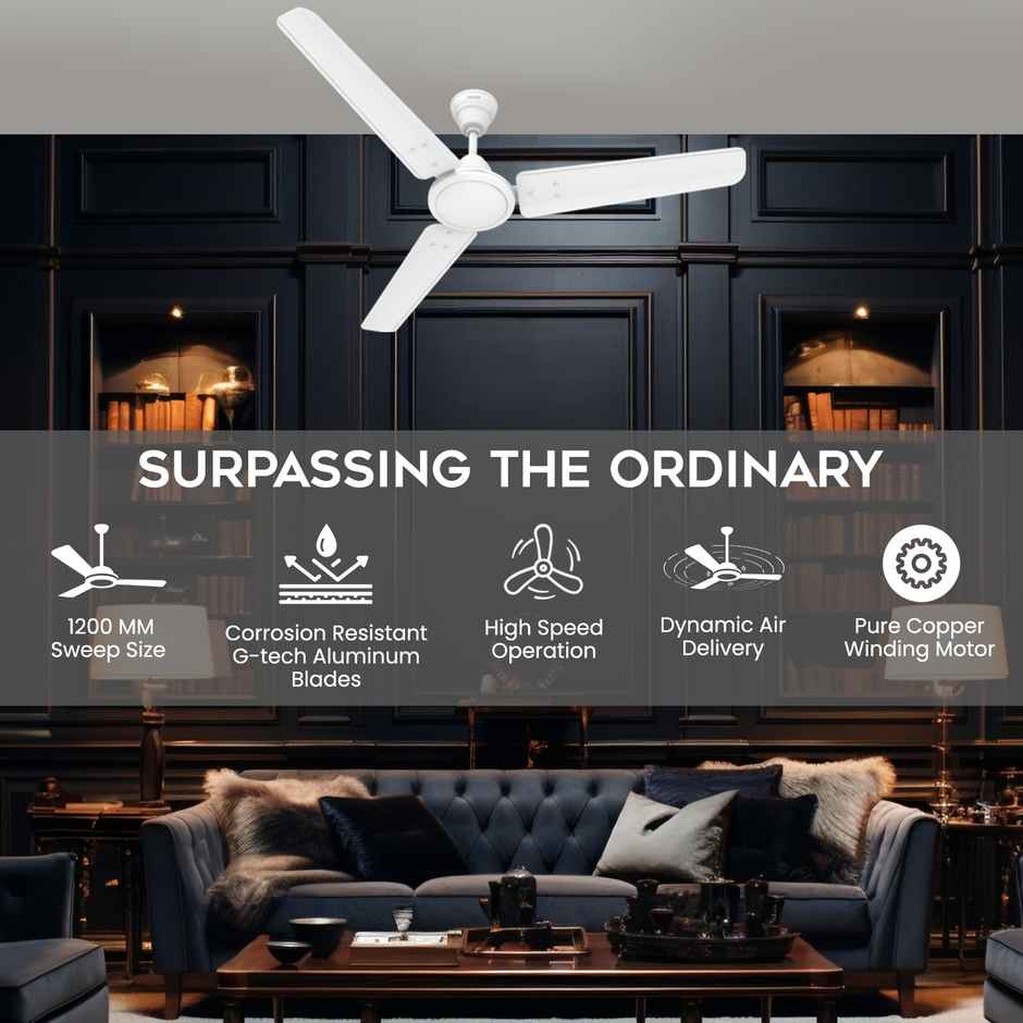 Polycab Nippy Ceiling Fan, 1200mm, Star Rated, 100% Copper, Rust-Proof Blades, Matt White