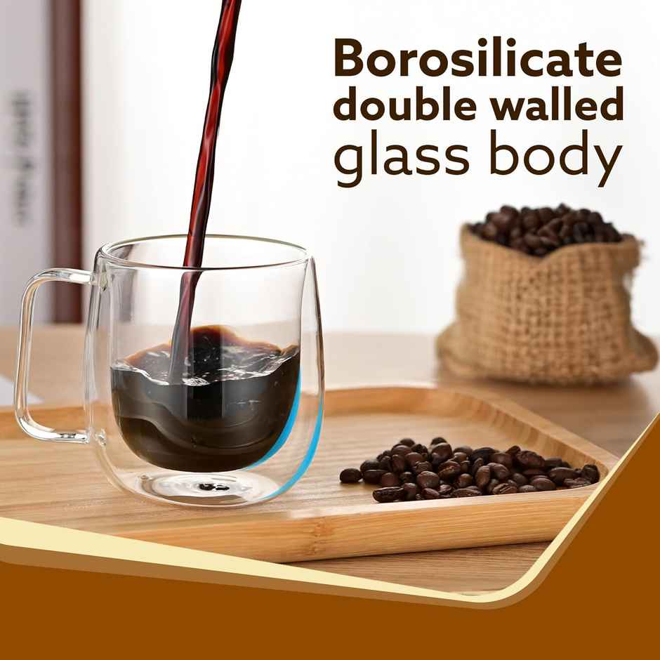 AGARO Elite Double Wall Glass Cup, Borosilicate Glass, 260 ml each, Tea, Coffee, Pack of 2