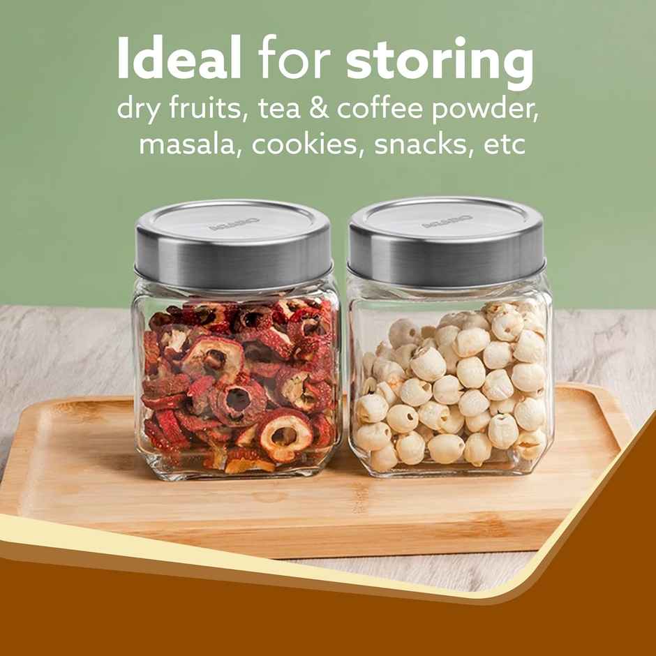 Agaro Elegant Cube Jar 580 ml, Steel Lid, Storage Glass Container, Pack of 2