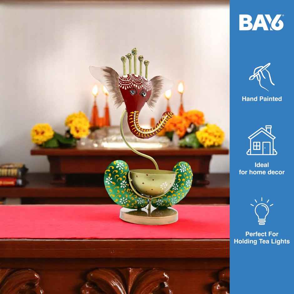 Bay6 Artisan Hand Painted Ganesh T-Light Holder | Multicolour | Artistic | Iron | Tealight Candle-Pooja