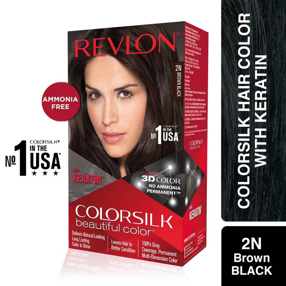 Revlon ColorSilk Hair Color with Keratin - 2N Brown Black - (with Outrageous Shampoo 90 ml)