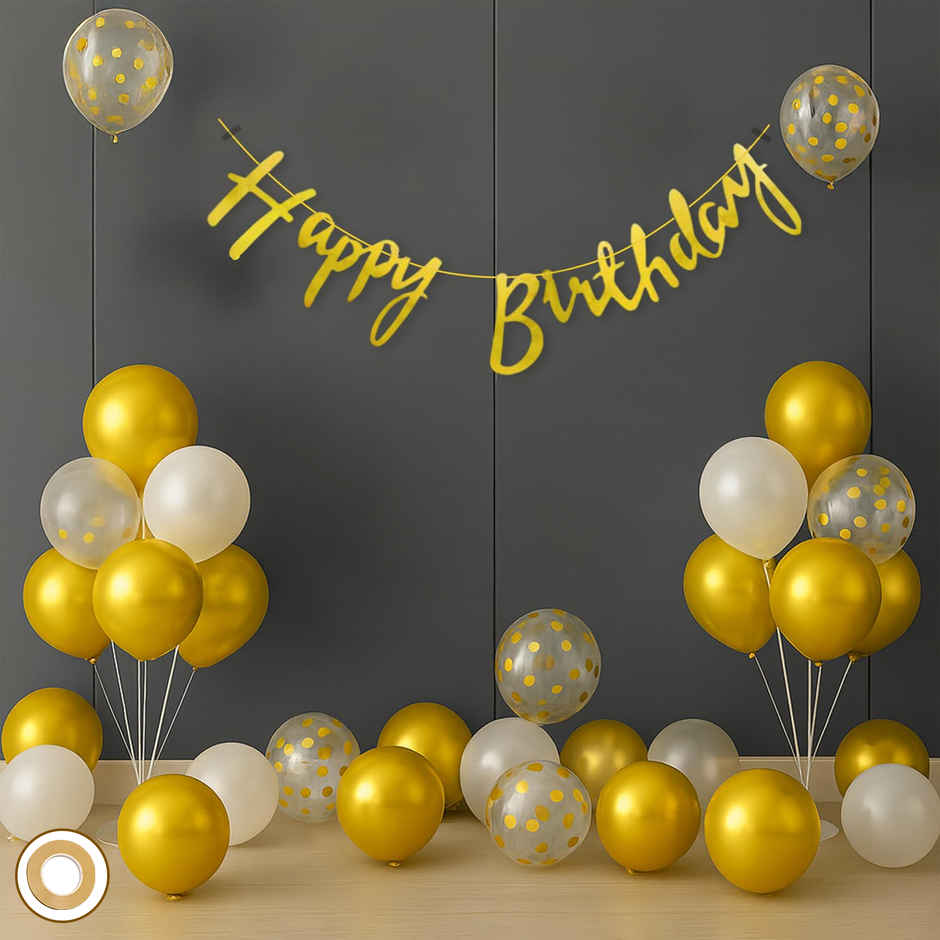 Golden Birthday Decoration Kit | Banner-Metallic Balloons-Glue Dot and More | Party Propz