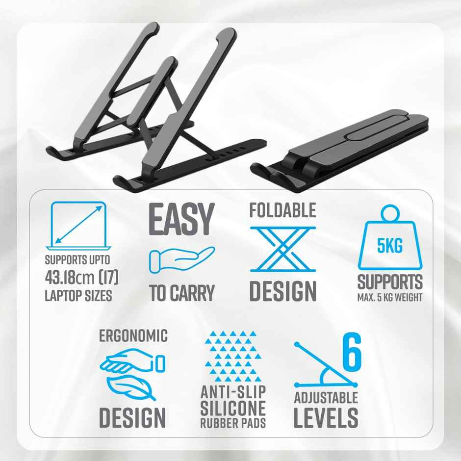 Zebronics -NS1000 Laptop Stand Featuring Foldable Design, Anti-Slip Silicone Rubber Pads, Supports Maximum of 5kgs Weight, 6 Adjustable Levels - Black