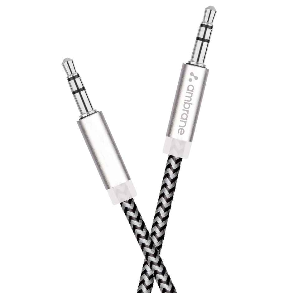 Ambrane ABCAX-10 Unbreakable 3.5mm Male to Male AUX Stereo Audio Cable for Smartphone, 1.5 Meter (5 Feet) - Black & Grey