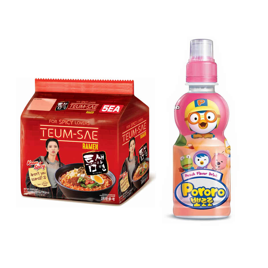 Paldo Teumsae Ramyun Spicy Korean Noodles (Pack Of 5)(600gms) & Pororo Korean Drink Peach Flavor(235ml) Combo