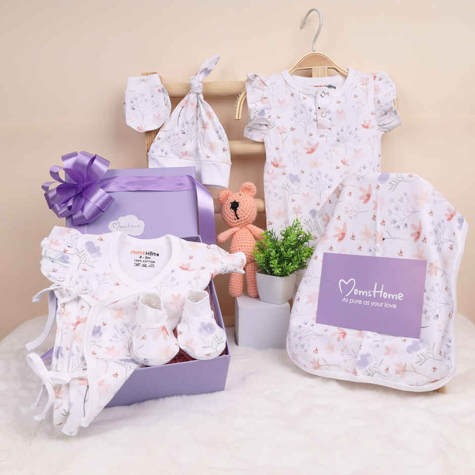Moms Home Organic Cotton New Born Baby Girl Gift Set | 6 Items | Blossom
