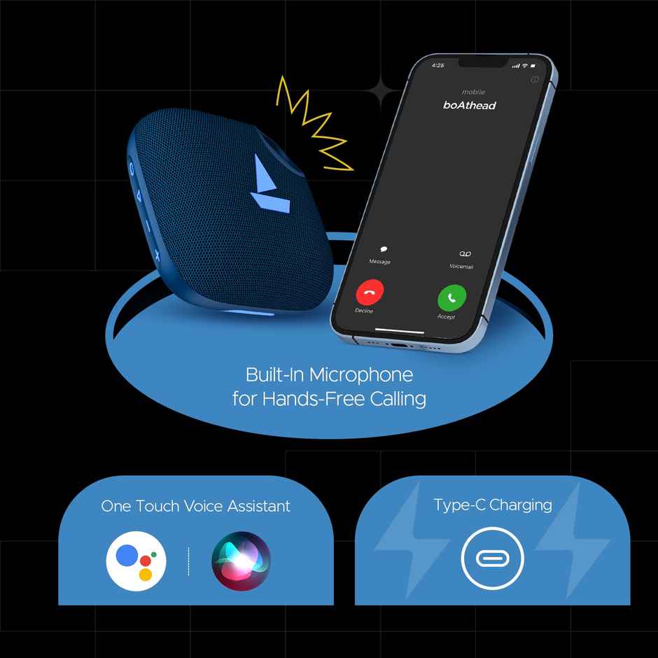 boAt Stone190 Pro Bluetooth Speaker with 5W Signature Sound, Up to 12hrs of Playtime, TWS Feature, Built-in Mic, Bluetooth v5.3, AUX Port, TF Card, IPX6 & Type-C Bluetooth Speaker - Tropical Blue